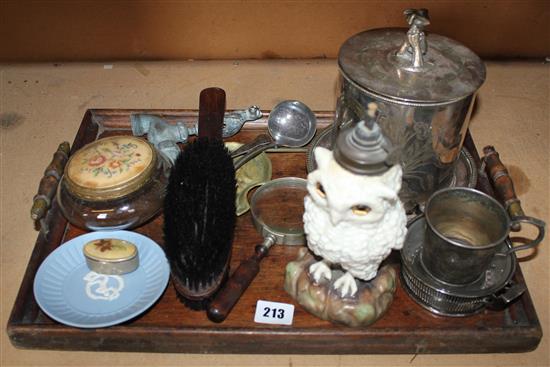 Owl, lamp, silver plate tray, etc